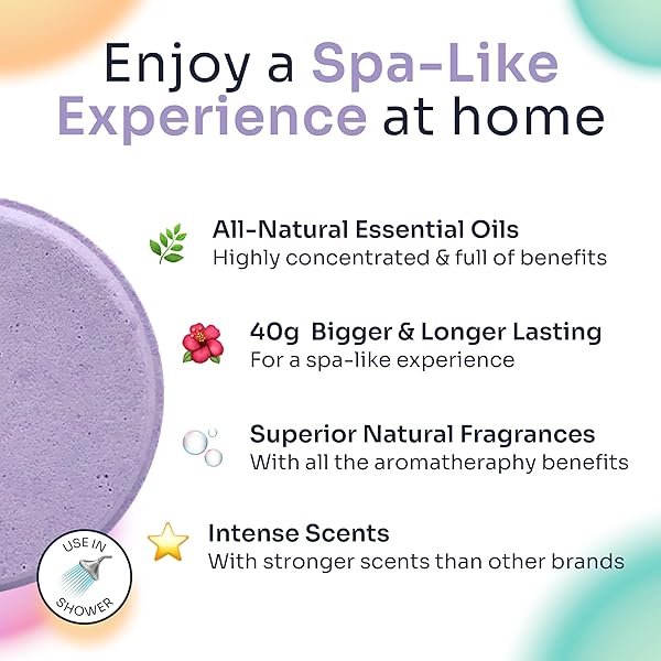 Transform your shower routine with these 6 pack aromatherapy shower steamers! Pamper yourself with strong scents of lavender, rose, peppermint, and eucalyptus. Natural, soothing, and perfect for a relaxing shower experience.