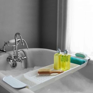 Transform your bath time experience with this expandable bath shelf caddy tray! Keep all your essentials close at hand while you relax in the tub. Perfect for candles, towels, books, wine, and even your phone! Say goodbye to clutter and hello
