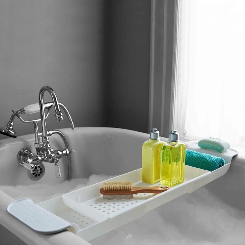 Transform your bath time experience with this expandable bath shelf caddy tray! Keep all your essentials close at hand while you relax in the tub. Perfect for candles, towels, books, wine, and even your phone! Say goodbye to clutter and hello