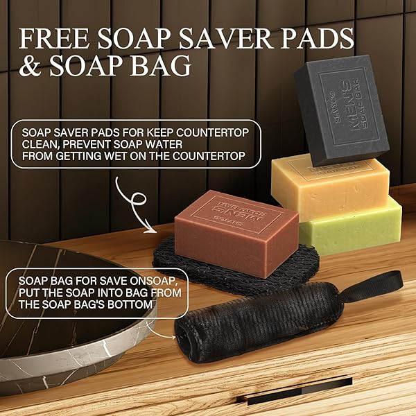 🚿 Upgrade your shower routine with these 4 natural men's soaps! 🌿 Exfoliate, cleanse, and moisturize with Sandalwood Amber, Mint, Charcoal, and Turmeric scents. Perfect for body