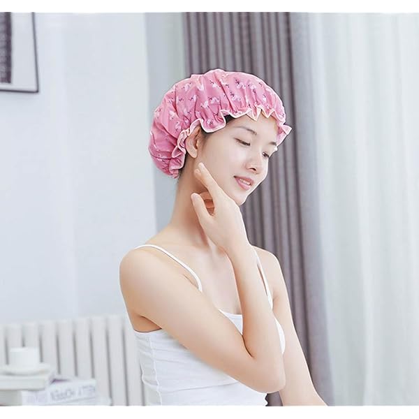 Stay cute and dry with these trendy double-layer bath caps! Perfect for keeping hair dry and ears covered. Plus, they're kitchen oil-proof too! #bathcaps #showercaps #haircare