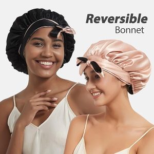 ✨Silky Satin Sleep Cap for Curly Queens! 💤 Reversible Pink/Black Bonnet with Tie Band! 💖 Keep those curls popping all night long! #CurlyHair #SleepingBeauty