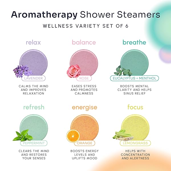 Transform your shower routine with these 6 pack aromatherapy shower steamers! Pamper yourself with strong scents of lavender, rose, peppermint, and eucalyptus. Natural, soothing, and perfect for a relaxing shower experience.