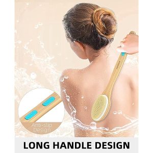 Get that smooth, glowing skin with this double-sided shower brush! Exfoliate and scrub away dead skin cells for a spa-like experience. Long wooden handle for easy reach. #skincare #selfcare #showeressential