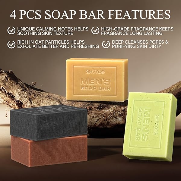 🚿 Upgrade your shower routine with these 4 natural men's soaps! 🌿 Exfoliate, cleanse, and moisturize with Sandalwood Amber, Mint, Charcoal, and Turmeric scents. Perfect for body