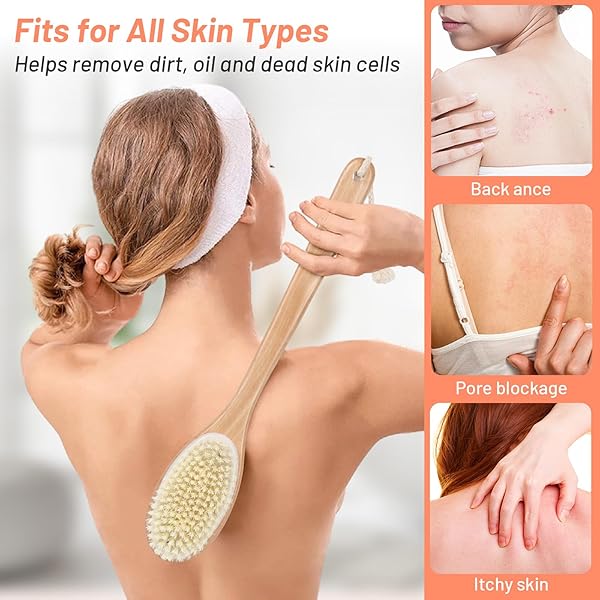 Get smoother, glowing skin with this dual-sided wooden back scrubber! Perfect for shower time, it has stiff and soft bristles for exfoliation. Say goodbye to dry skin and hello to a spa-like experience! #skincare #selfcare