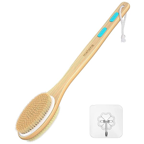 Get that smooth, glowing skin with this double-sided shower brush! Exfoliate and scrub away dead skin cells for a spa-like experience. Long wooden handle for easy reach. #skincare #selfcare #showeressential