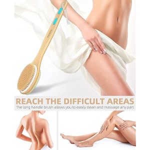 Get that smooth, glowing skin with this double-sided shower brush! Exfoliate and scrub away dead skin cells for a spa-like experience. Long wooden handle for easy reach. #skincare #selfcare #showeressential