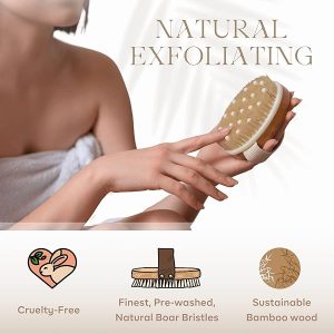 Get glowing skin with this organic body brush! Say goodbye to dry skin, cellulite, and boost lymphatic drainage. Enhance your spa routine with this exfoliating and massaging brush. #glowingskin #bodybrush #selfcare