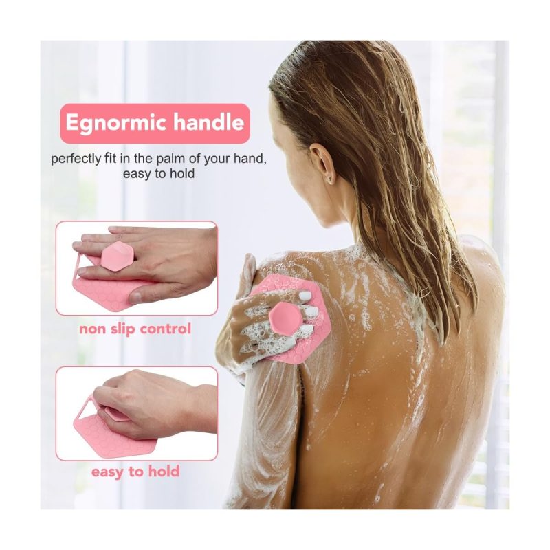 "Get that soft, glowing skin with this gentle silicone body scrubber! Perfect for exfoliating sensitive skin and giving yourself a relaxing massage in the shower. Available in a cute pink color. #skincare #bodyscrub #self