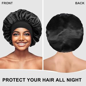 Sleep in style with this satin bonnet! Perfect for long and curly hair, this double-sided black cap is comfy and stylish. Say goodbye to frizzy hair in the morning! #haircare #satinbonnet #nightcap