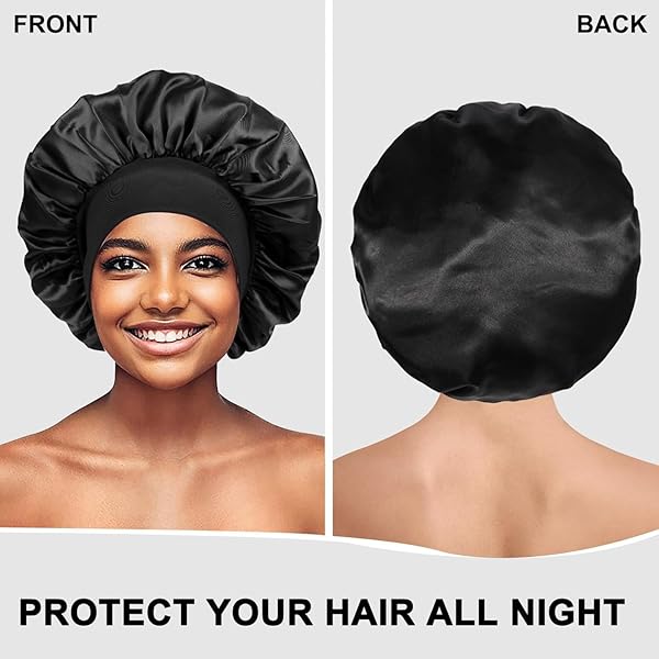 Sleep in style with this satin bonnet! Perfect for long and curly hair, this double-sided black cap is comfy and stylish. Say goodbye to frizzy hair in the morning! #haircare #satinbonnet #nightcap
