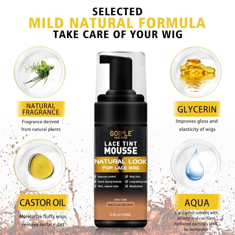 Get flawless, natural-looking lace tint with this 3.4 fl oz mousse perfect for women's wigs! Achieve a flawless medium brown shade effortlessly. #haircare #wiggamestrong